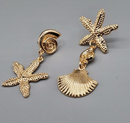 ASYMMETRICAL PENDANT SHELL STARFISH WOMAN EARRINGS GOLD COLOR BEACH SUMMER  - Bild 2 von 8