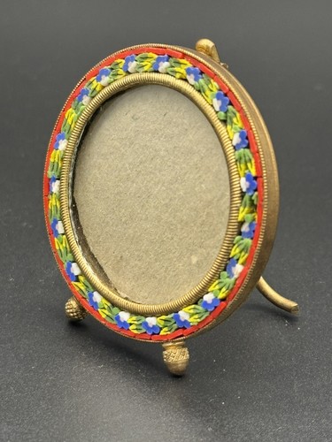 Antique Brass Micro Mosaic Blue White Flowers Red Round Picture Frame Italy - Picture 3 of 10