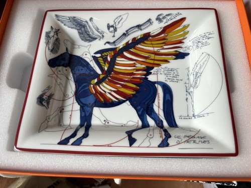 HERMÈS Ashtray Rectangle Pegasus Trinket dish White x Blue UNUSED - Picture 1 of 3