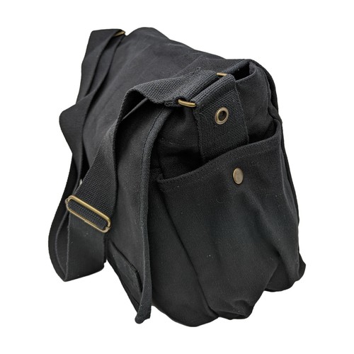 Black Cotton Canvas Military Messenger Bag White Iron Cross - Picture 2 of 3