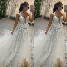 Beach Boho Wedding Dresses Lace Appliques Strapless Crystal A-line Bridal Gowns