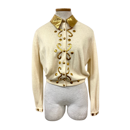 Vintage 1950s Sweaters by Susan Gold Leather Appliqué Marilyn Style Cardigan - Picture 3 of 9