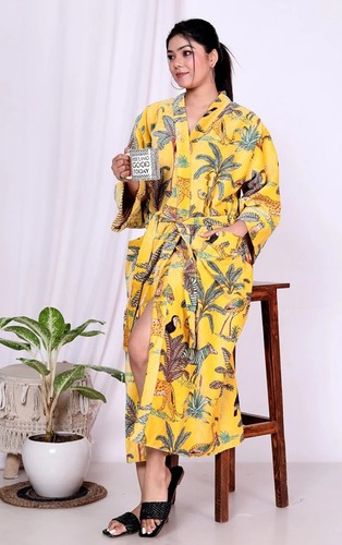 Viscose Luxurious Velvet Kimono Yellow Print Long Soft Bridel Nightwear Gown 50" - Picture 9 of 9
