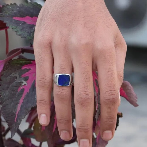 Anello uomo sigillo lapislazzuli naturale argento sterling 925 fatto a mano gioielli boho - Foto 5 di 7