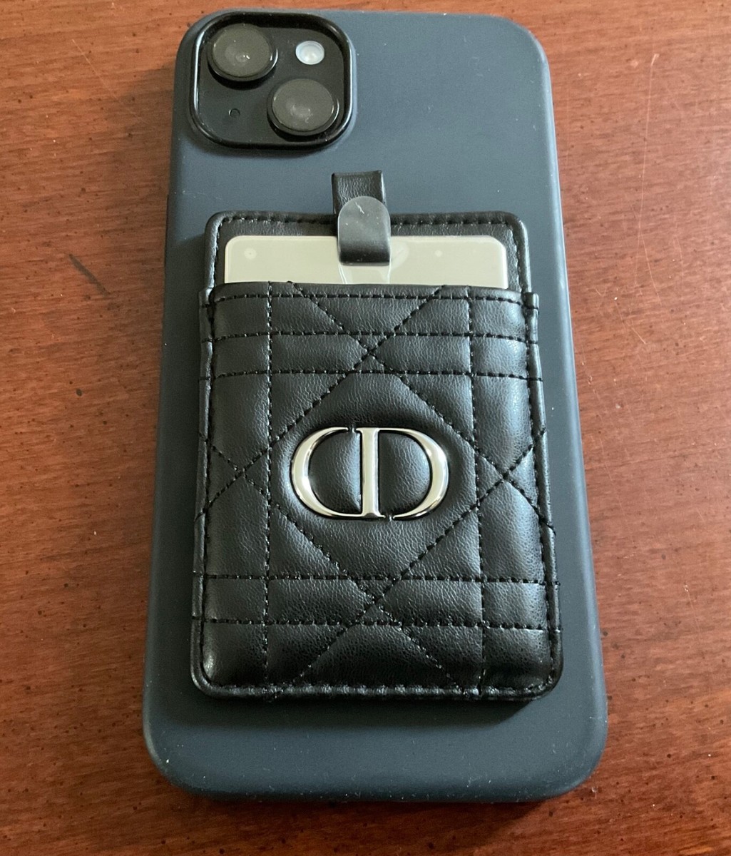Dior Mirror Card Holder Phone Metal Mirror Black Faux Leather