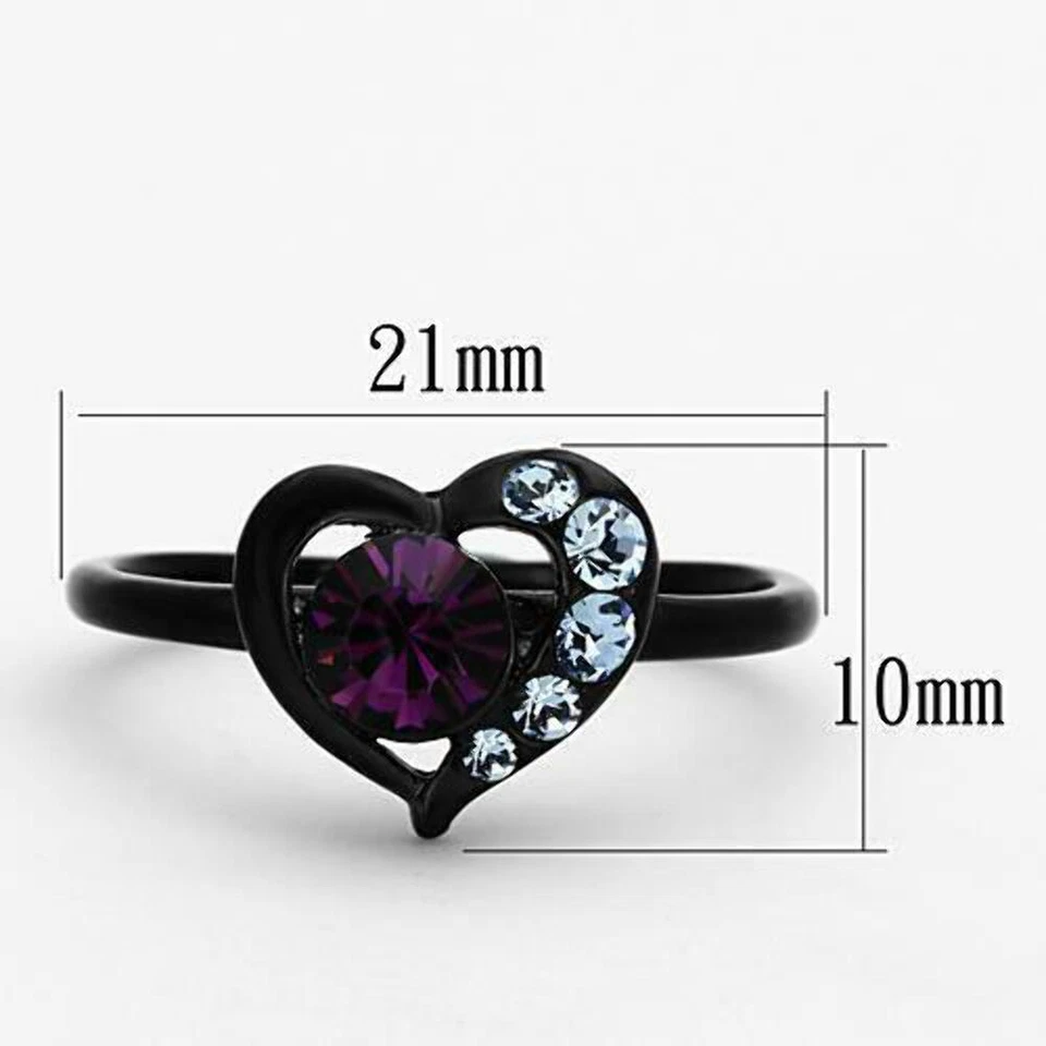 Anillo redondo de acero inoxidable amatista circonita cúbica cristal púrpura corazón negro para mujer 5-11 A Foto 2 de 4