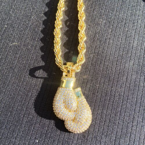 Gold Chain Rope Chain 24in 6mm and Icy Boxing Gloves Pendant Set - Picture 4 of 8