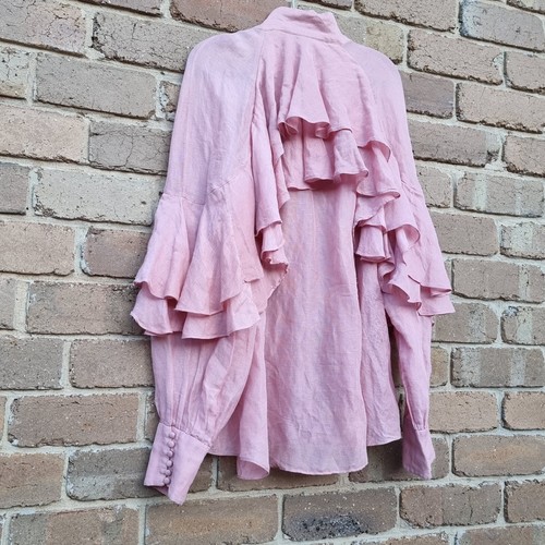 Country Road Pink Ruffle Sleeve Shirt Size 14 Silk Linen Blend - Picture 13 of 16