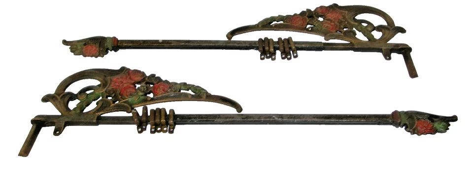 Antique Cast Iron Swing Arm Curtain Rods 2 Pair Extendable Red Floral - Image 3 of 4