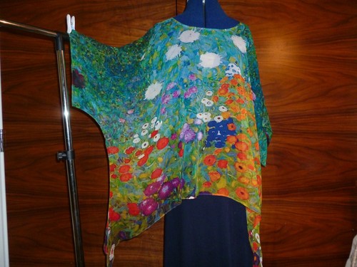 100% silk georgette floaty kaftan/tunic Klimt's garden of flowers L/XL NEW - Picture 4 of 4