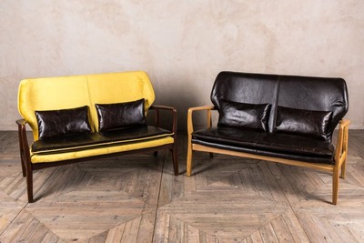 Clayton Vintage Style Sofa Leather Seat Sofa Retro Yellow Velvet