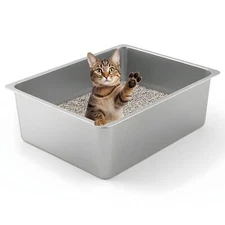 Kirecoo Stainless Steel Cat Litter Box - Metal High Sided, 17.7"L x 13.8"W x 6"H