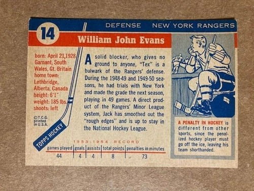 1954-55 Topps Hockey - # 14 Jack Evans EXMT+ - Picture 2 of 2