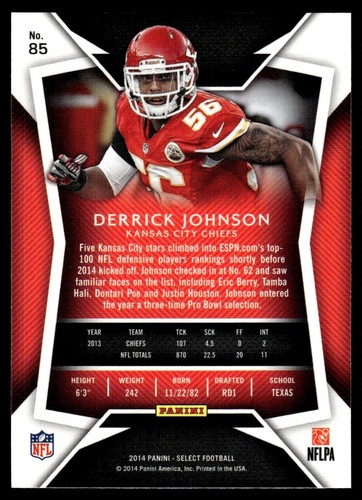 2014 Panini Select Derrick Johnson Kansas City Chiefs #85 - Picture 2 of 2