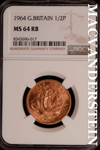 Great Britian: 1964 One Half Penny-NGC MS 64 RB Brilliant Uncirculated #SLG141