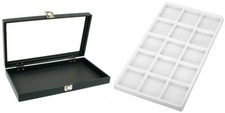Glass Lid Jewelry Display Case 14 3/4" w/ White 15 Compartment Display Tray