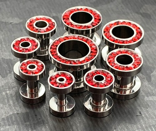 PAIR Cubic Zirconia Gem Rimmed Steel Screw Fit Tunnels Plugs Earlet Gauges - Picture 71 of 86