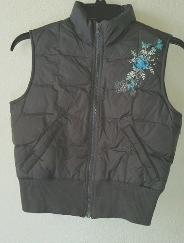 Warm Girl's OLD NAVY Sz XL Quilt Puffy Vest Charcoal Gray Hummingbird Floral Act - Picture 2 of 12
