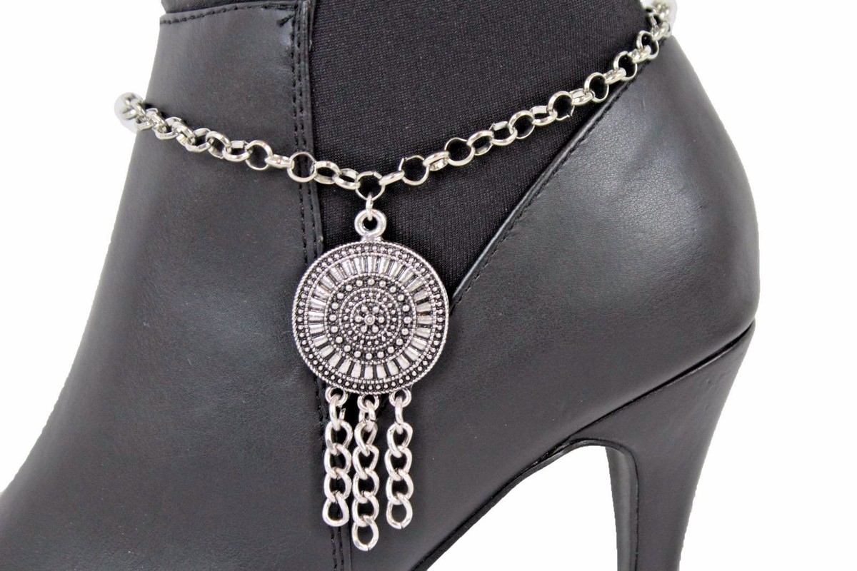 Cavigliera A Catena In Metallo Argento Per Donna, Stile Western E Moderno. Si Adatta A Stivali E Scarpe, Fascione Regolabile 9-15 Pollici. Nuova Con Etichette.
