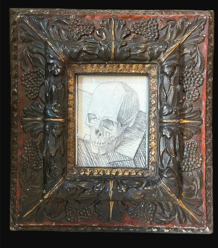 Antique 17th C. Painted Papier Mâché Frame + 20th C. Vanitas Drawing Italy