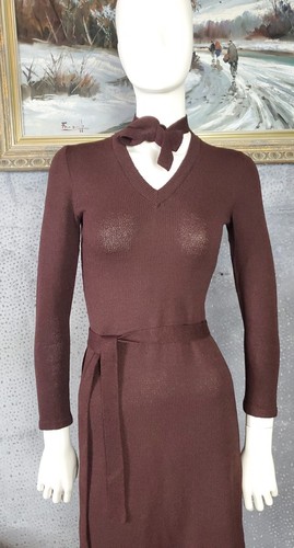 Vintage Adolfo Brown Small Bodycon Dress - Neck Tie - Belt - Wool Rayon Blend - Picture 3 of 11