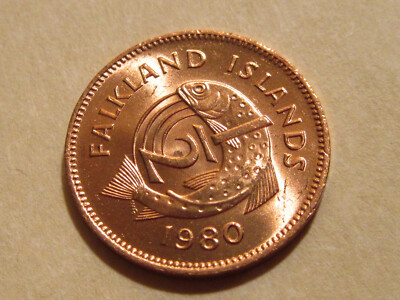 1980 Falkland Islands coin 1/2 Penny SALMON FISH  super sweet coin uncirculated