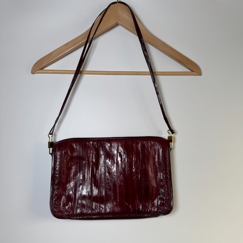 Bolso de mano vintage de cuero genuino con piel de anguila rojo borgoña atemporal - Imagen 13 de 13