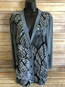 Bob-Mackie-Long-Sleeve-Button-Front-Blouse-Size-Large-Womens-Blue-Black-Shirt