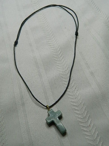 Cross Necklace Green Polished Gem Stone Adjustable Length Black Cord - Picture 2 of 5