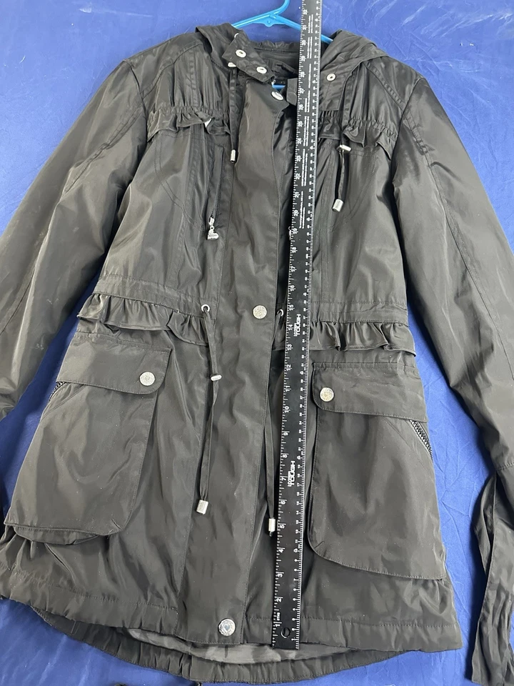 Betsey Johnson Mujer Volantes Sudadera con Capucha Doble Capa Gabardina Chaqueta Gris Talla S Foto 3 de 4