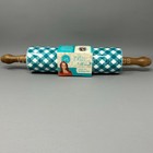 The Pioneer Woman TEAL/WHITE CHECK Rolling Pin Acacia Wood Handles RETIRED ~ NEW