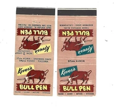 2 Kover's Bull Pen - Sherman Oaks, California  Matchcovers
