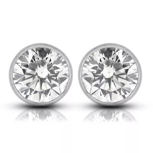 14K Gold Stud Earrings Bezel Set Classic 1.83 Carat Round Natural Diamond F SI1 - Picture 7 of 9