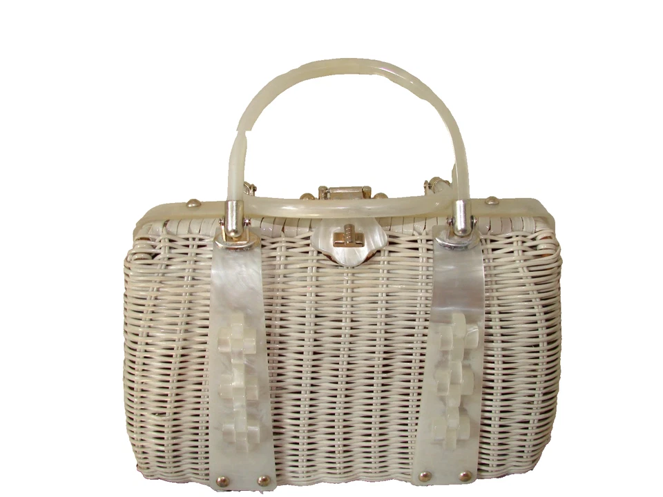 Cartera de mimbre vintage Lucite asas y adornos Rockabilly bolso de mano años 50 Hong Kong Foto 2 de 4