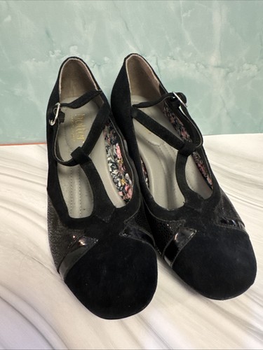 Hotter Georgette Leather Suede T-bar Shoes Size UK 4.5 EXF Black Dance Vintage - Picture 2 of 11