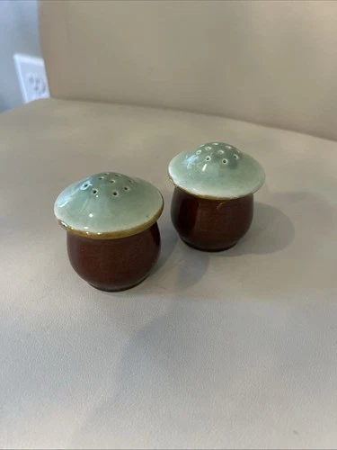 Vintage MCM Red Wing Mushroom Salt And Pepper Shakers Village Green Brown EUC