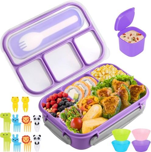 Bento Box, Lunch Box Kids, 1300ML with 4 Compartment&Food Picks Cake Purple