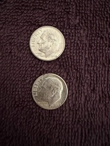 ROOSEVELT DIMES 1964-D COINS - set of 2 - AU(About Uncirculated) w/ 90% Silver
