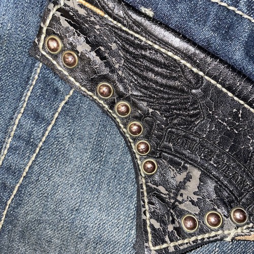 Robin Jean Jeans Herren Blau Denim Größe 38x34 Leder Klappe Nieten Distressed - Bild 21 von 24