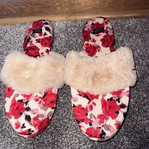 Victoria's Secret Hausschuhe Gr. L rot Blumen Satin Fellbesatz Hausschuhe kuschelig - Bild 1 von 7