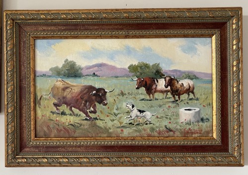 Pintura al óleo fina europea enmarcada vintage paisaje al aire libre toros perro España - Imagen 14 de 24
