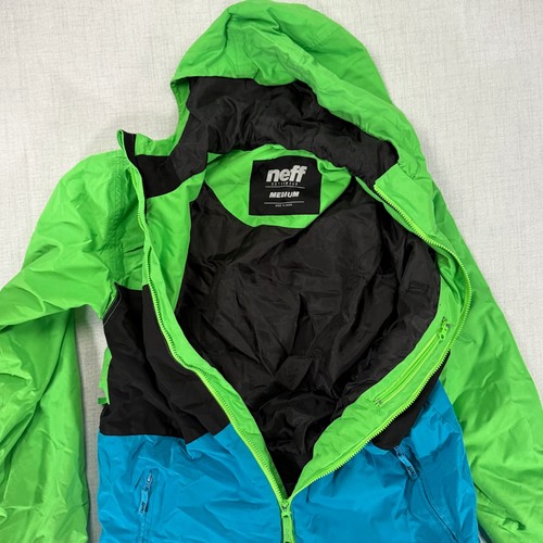 Neff Trifecta Snowboard Jacket Green Blue Hooded Nylon Winter Coat Size M - Picture 4 of 13