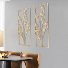 2 PCS Metal Wall Decorations, Golden Leaf Wall Hanging Decor for Living Room