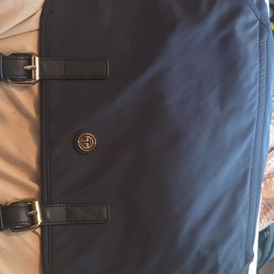 Talbots Navy Solid Tote Bag Zip Double Handles Red Lining Gold Hardware Buckle