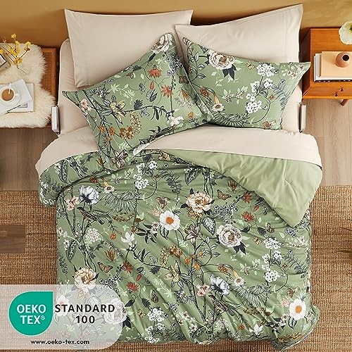 King Size Comforter Set, 7 PCS Green Floral Comforter Set with Flowers Leaves - Picture 4 of 7