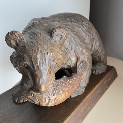 Statua salmone orso legno intagliato Hokkaido Showa retrò antica vintage rara - Foto 6 di 12