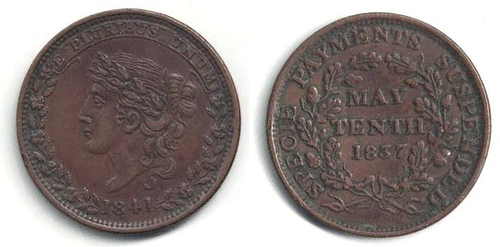 1841 / 1837 Hard Times Token -- "Specie Payments Suspended" in Extra Fine