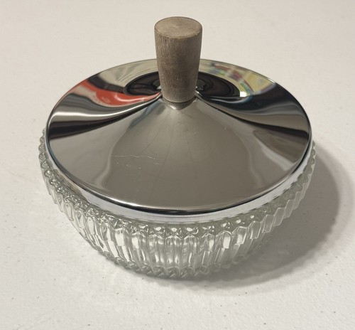Vintage Lazy Susan Center Dip Glass Bowl with Chrome Silver Lid 6” - Afbeelding 1 van 4
