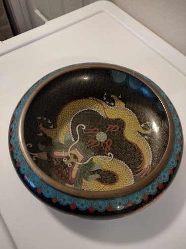 Chinese Cloisonne on Bronze 7.75" Dragon Centerpiece Bowl Base Marked - Picture 20 of 21