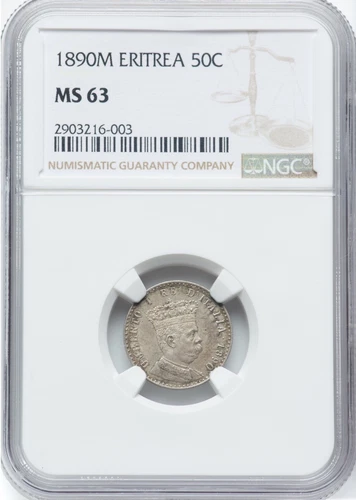ITALY  ERITREA  UMBERTO I 1890-M 50 CENTESIMI SILVER COIN UNCIRCULATED NGC MS63